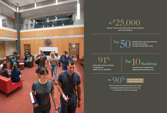在法学院的大学宣传册,传播的页面显示数据和学生在一个共同的地方