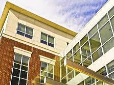 抬头看布赫特艺术与科学学院大楼的玻璃和砖立面，这里是心理学系的所在地