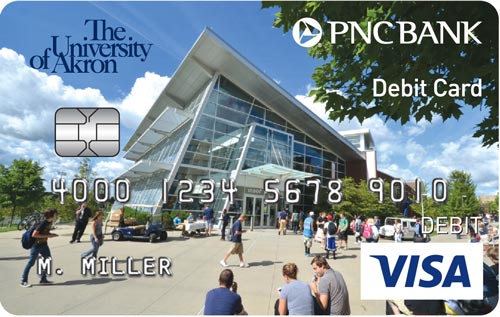 PNC/Akron大学定制借记卡与学生会在该卡背景下。