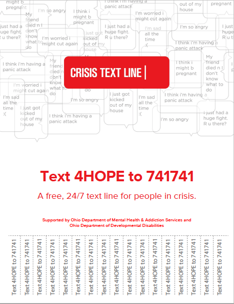 自杀预防危机文本线信息和撕裂接触单。