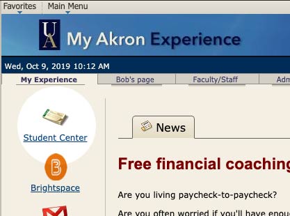 屏幕截图显示学生中心在我的Akron
